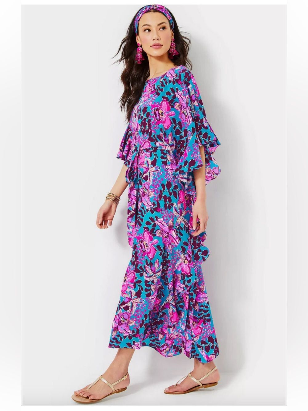 LP XXS/XS Monnae Silk Ruffle Maxi Caftan Dress Orchid You Not Blue Burgundy Pink